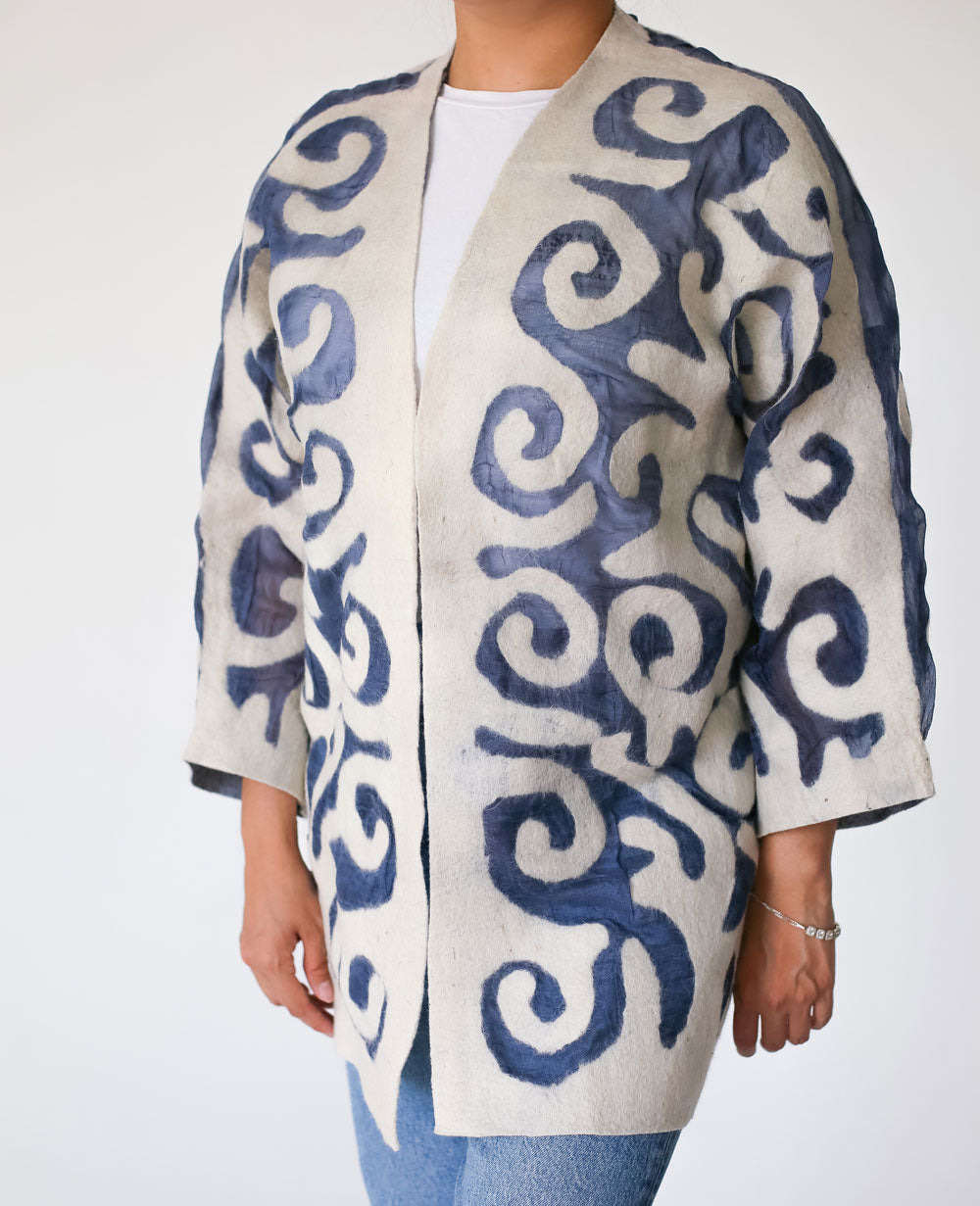 Silk and Felt Jacket with Traditional Kyrgyz Patterns - Neutral Colors
