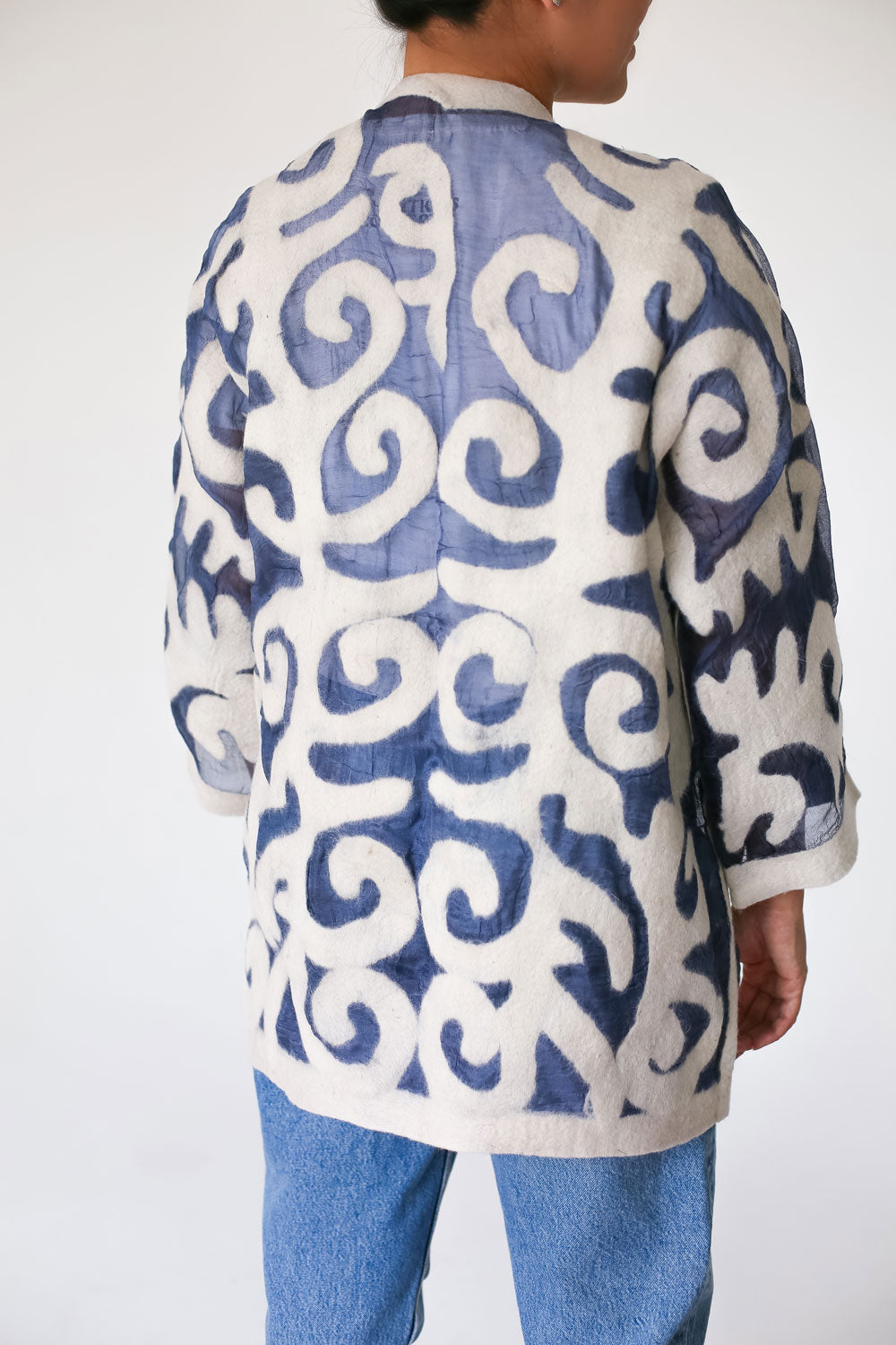 Silk and Felt Jacket with Traditional Kyrgyz Patterns - Neutral Colors