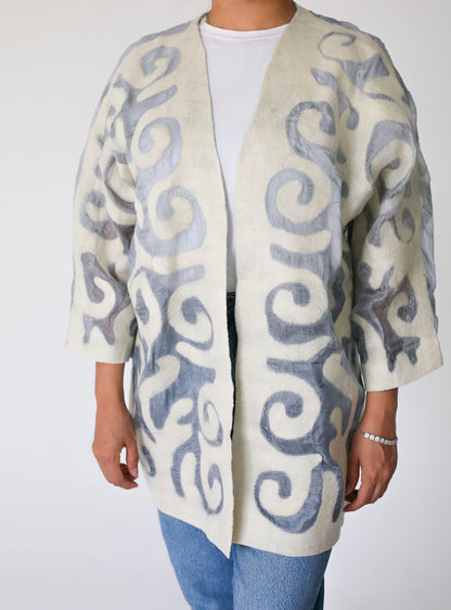Silk and Felt Jacket with Traditional Kyrgyz Patterns - Neutral Colors