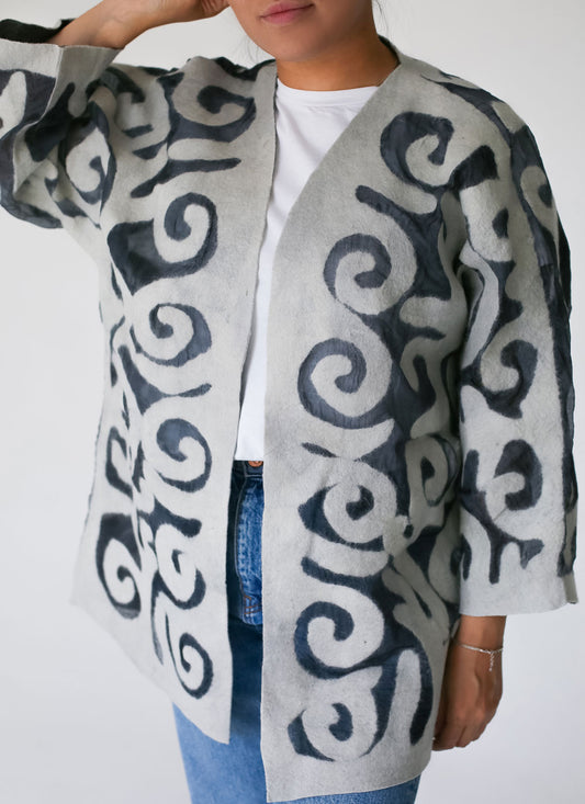 Silk and Felt Jacket with Traditional Kyrgyz Patterns - Neutral Colors