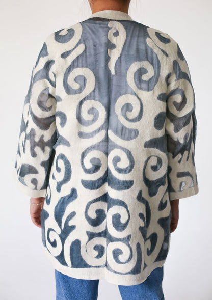 Silk and Felt Jacket with Traditional Kyrgyz Patterns - Neutral Colors