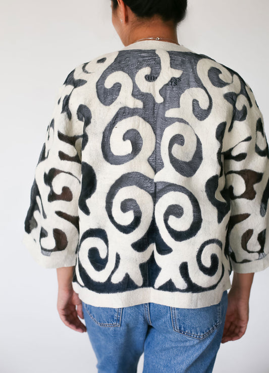 Handcrafted Kyrgyz Felt and Silk Short Jacket with Traditional Patterns - Neutral Colors