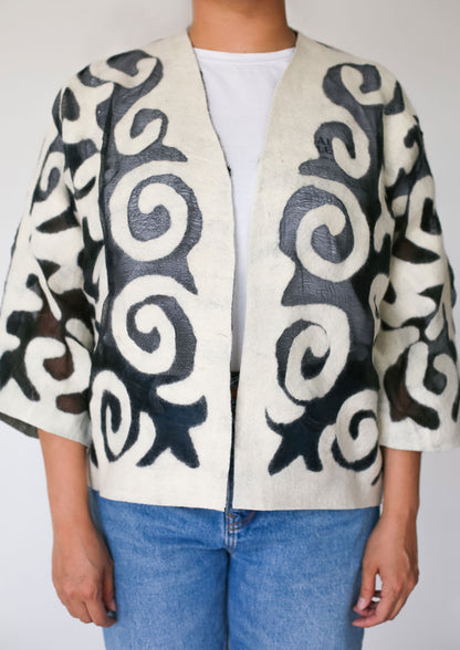 Handcrafted Kyrgyz Felt and Silk Short Jacket with Traditional Patterns - Neutral Colors
