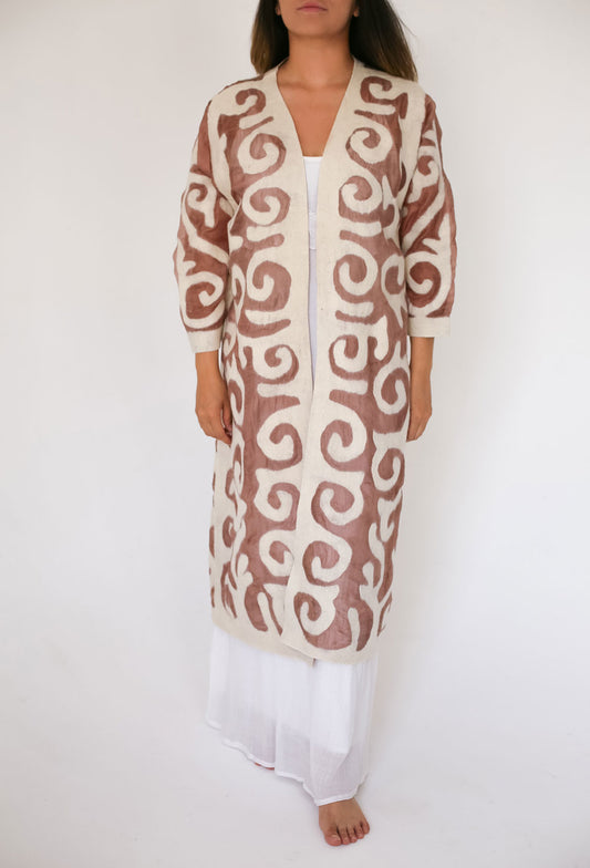 Handcrafted Kyrgyz Long Felt and Silk Jacket with Traditional Patterns