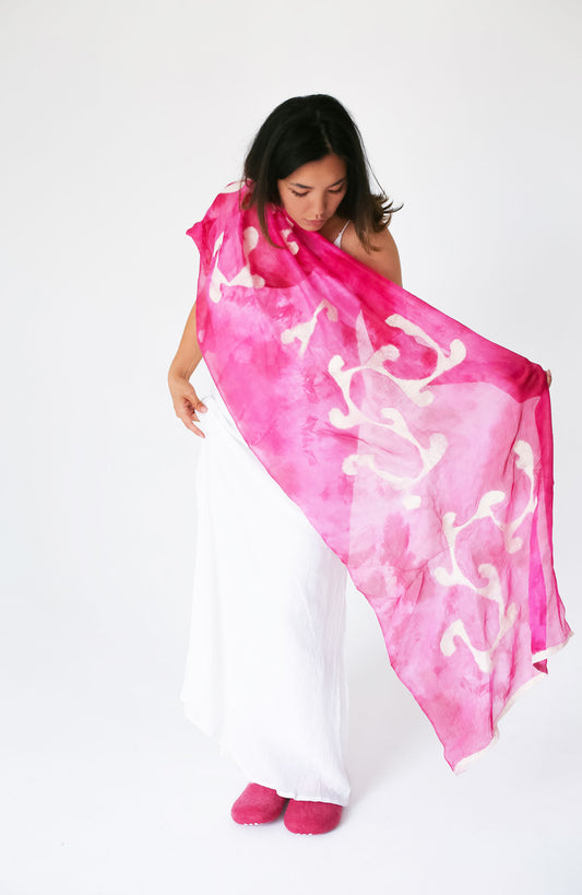 Flamingo Dance Margilan Silk Handcrafted Scarf